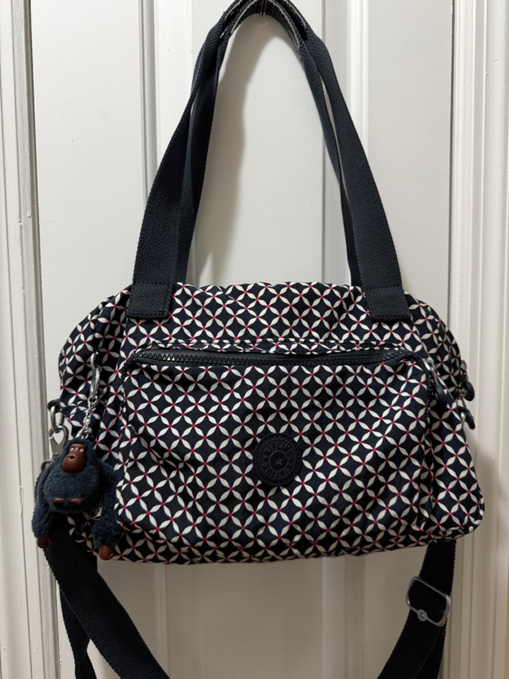Kipling  Shoulder/Crossbody Geo Print Black and White with Red and monkey Charm